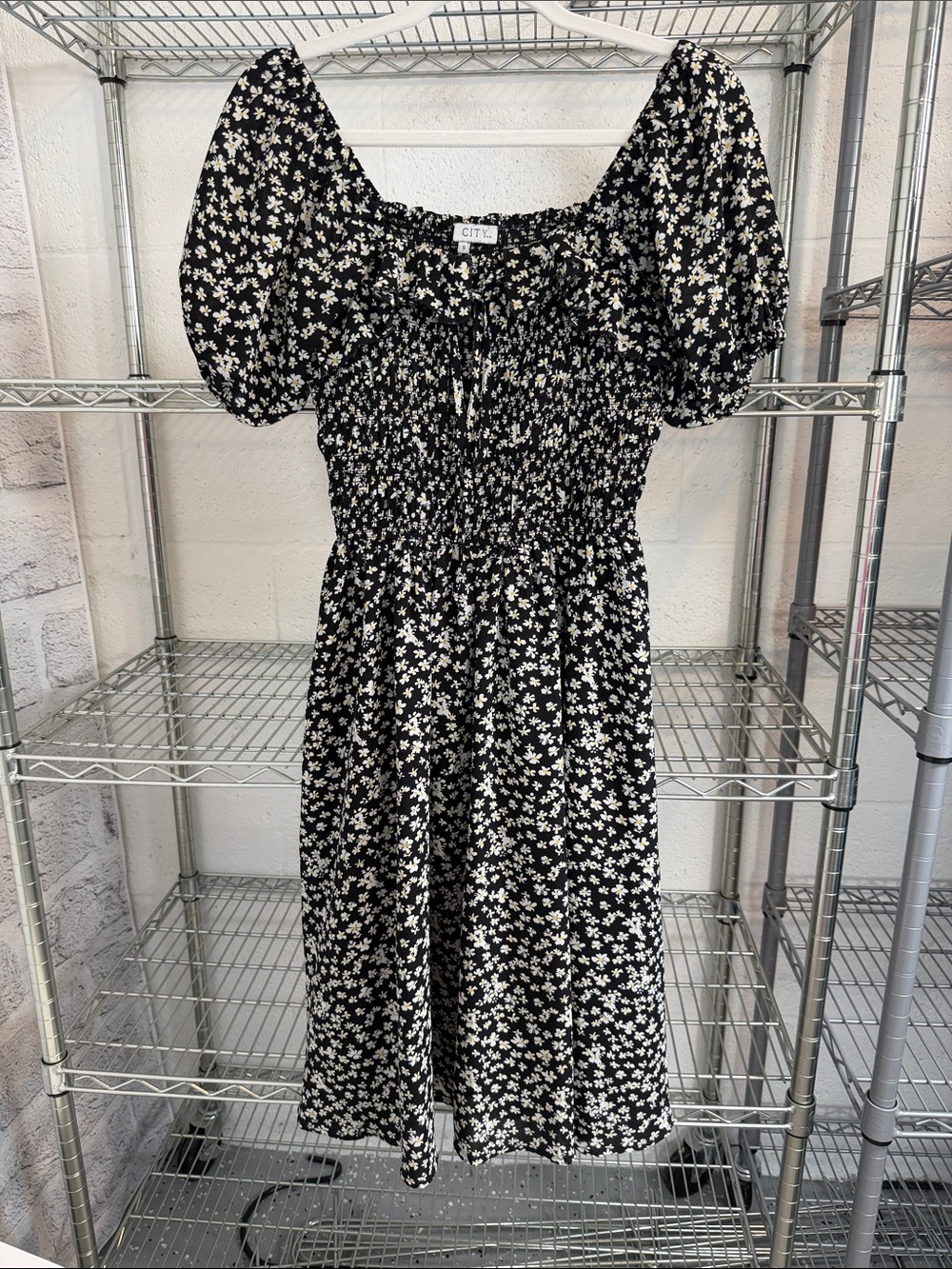 Puff-Sleeve Black Floral Midi Dress